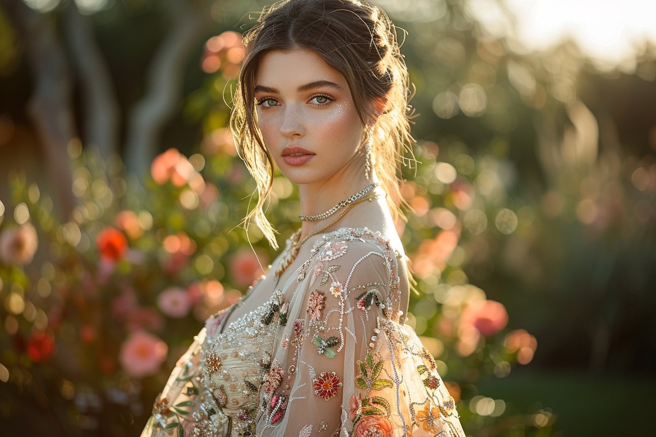 Harmonie florale : associer des bijoux en or et argent avec des robes longues fleuries